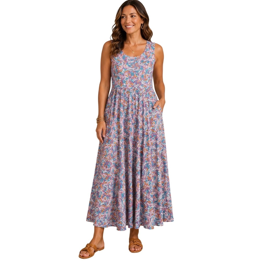 Sundance Womens Sleeveless Maxi Dress 14 Blue Pink Swirl Print Rayon Scoop Neck